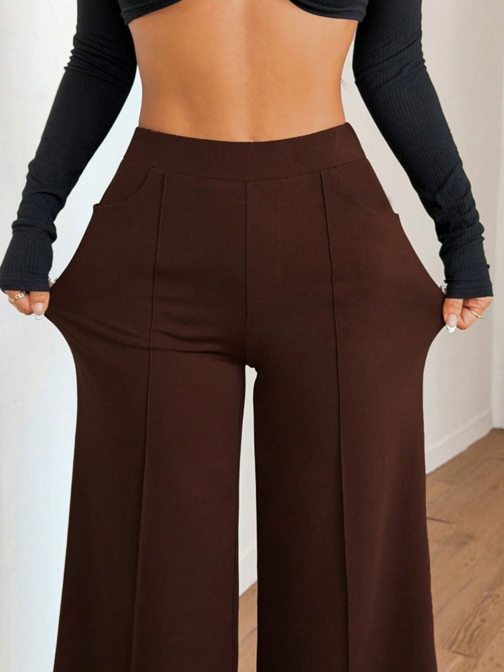 Brown Elegant Women's Regular Fit Elastic Waist Pocket Wide Leg Pants - Picture 5 of 7